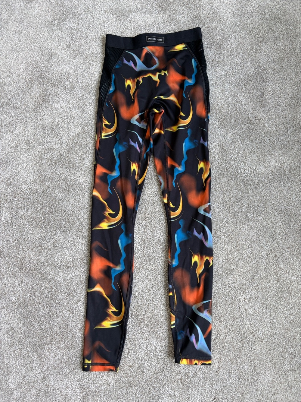 Savage X Fenty Black Flame-Print Leggings with Blue, Orange & Yellow Accents